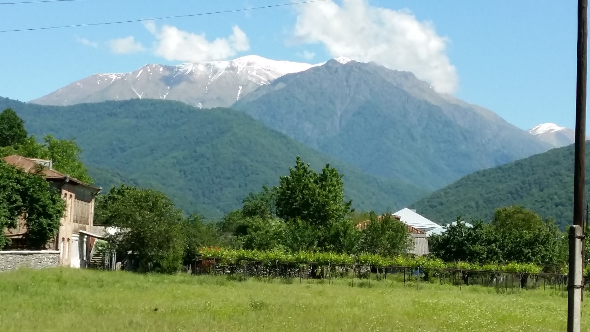 View of a house and its yard, with snow-capped mountains behind it.