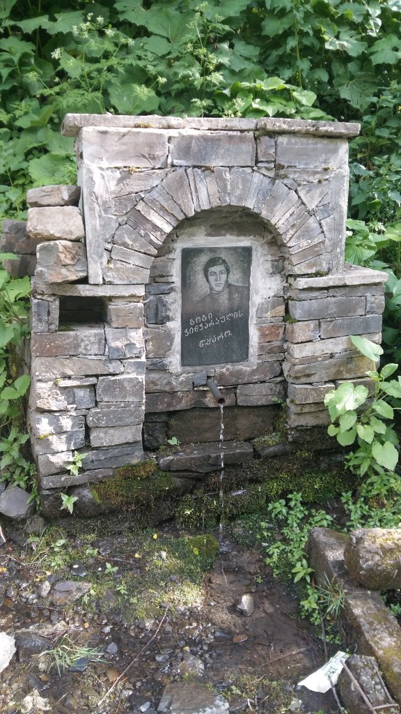 Stone fountain with a plaque honouring Gogi Chincharashvili.