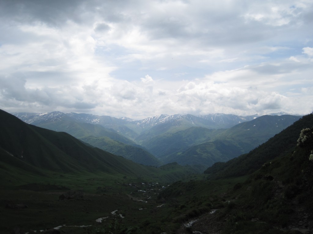 Looking down the mountain valley towards Roshka, Khevsureti, Georgia.